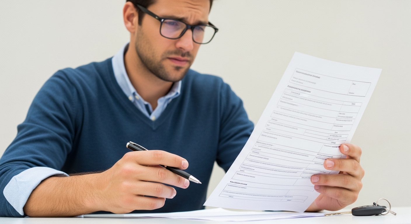 Persoană care citește cu atenție un formular de constatare amiabilă completat, cu expresie îngrijorată, stilou în mână